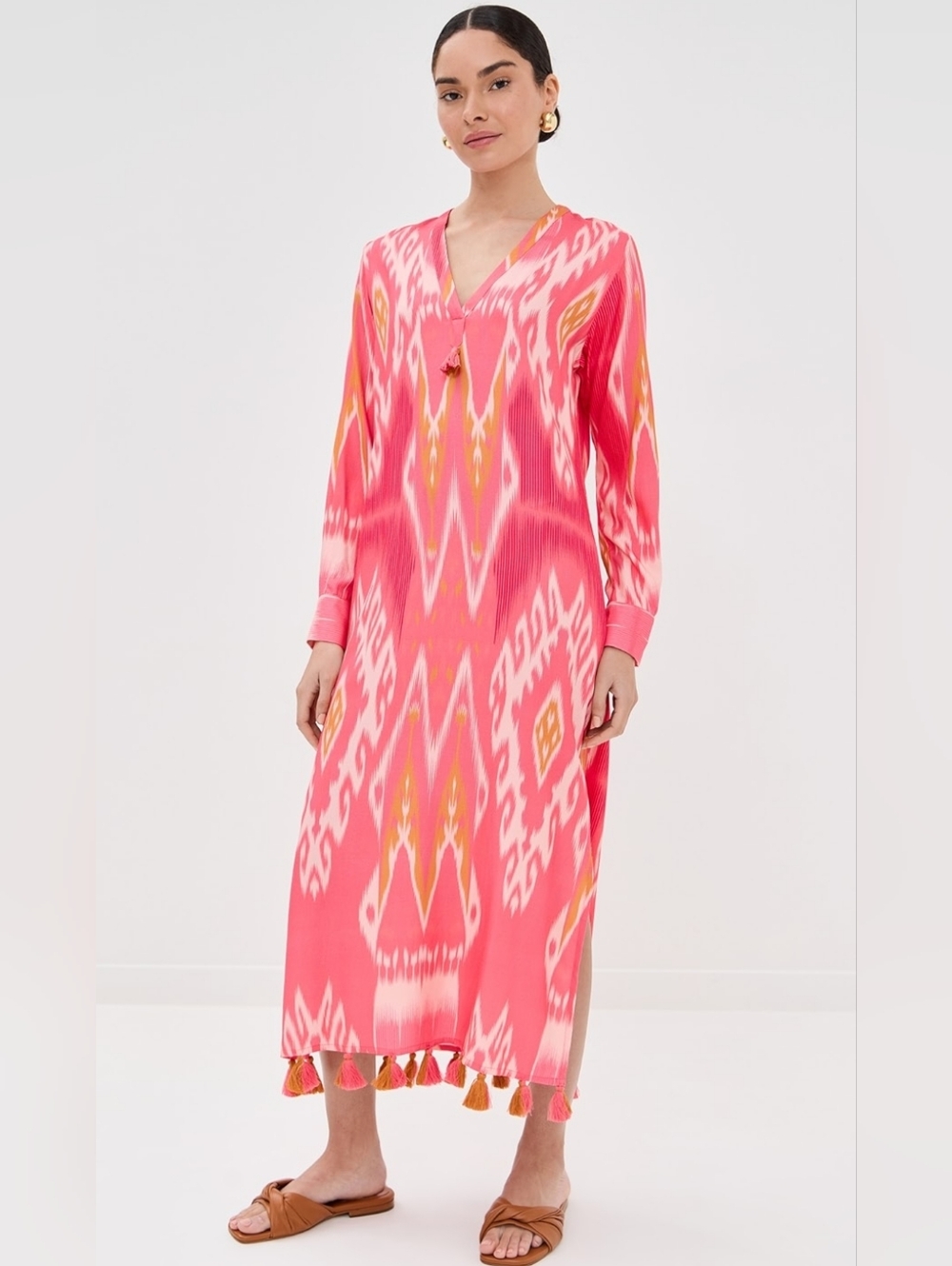 Figue Dress Margaux Salome Ikat Sunset Coral Tassel Kaftan Size L